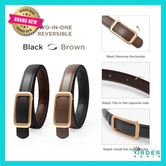 Reversible Genuine Leather Belt Thin Fashion Waist Belt with Gold Buckle main image 3